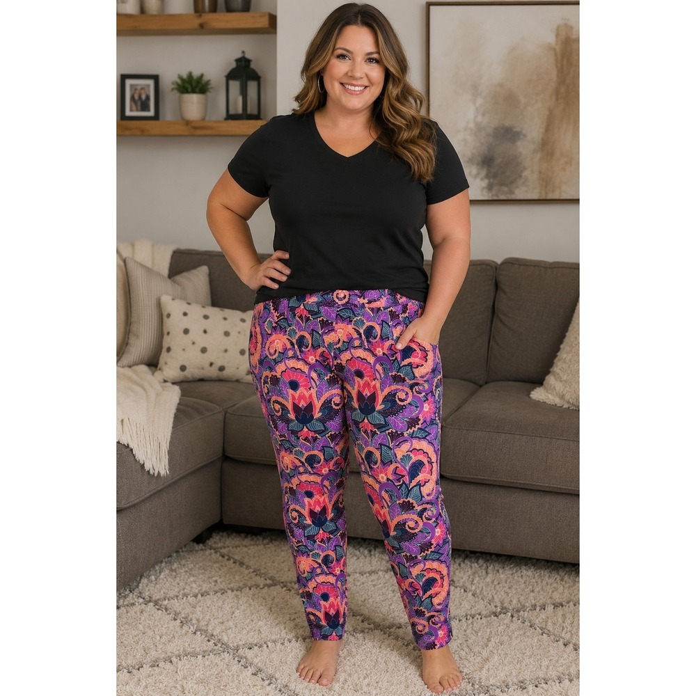 LULAROE Leggings Size Tall And Curvy Floral Purple Pink Peach -2670